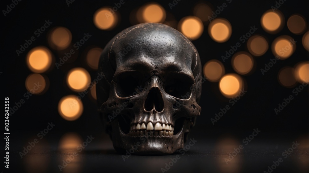 A skull with a black face is surrounded by a black background. A skull with a black face is surrounded by a black background.