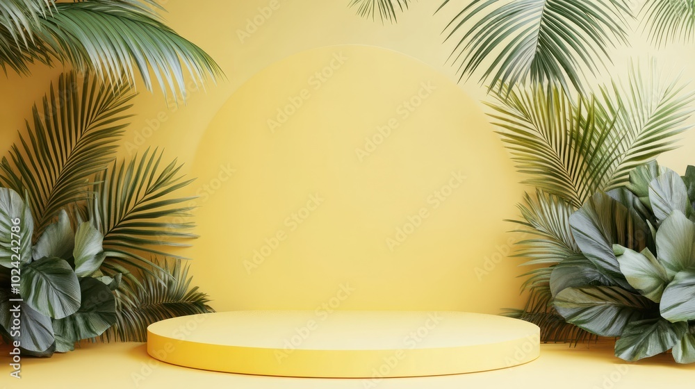 Blank yellow display on vivid summer background with minimal style. Blank stand for showing product. 3D rendering. Blank yellow display on vivid summer background with minimal style. Blank stand for showing product. 3D rendering.