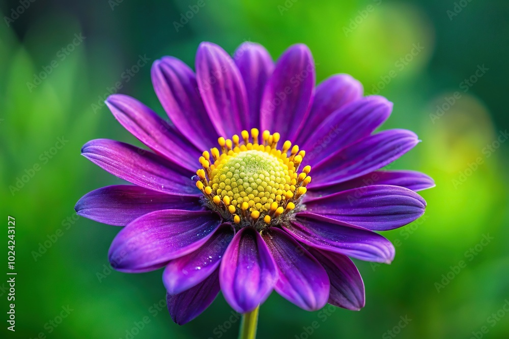 Vibrant purple flower with yellow stamens on green background Vibrant purple flower with yellow stamens on green background