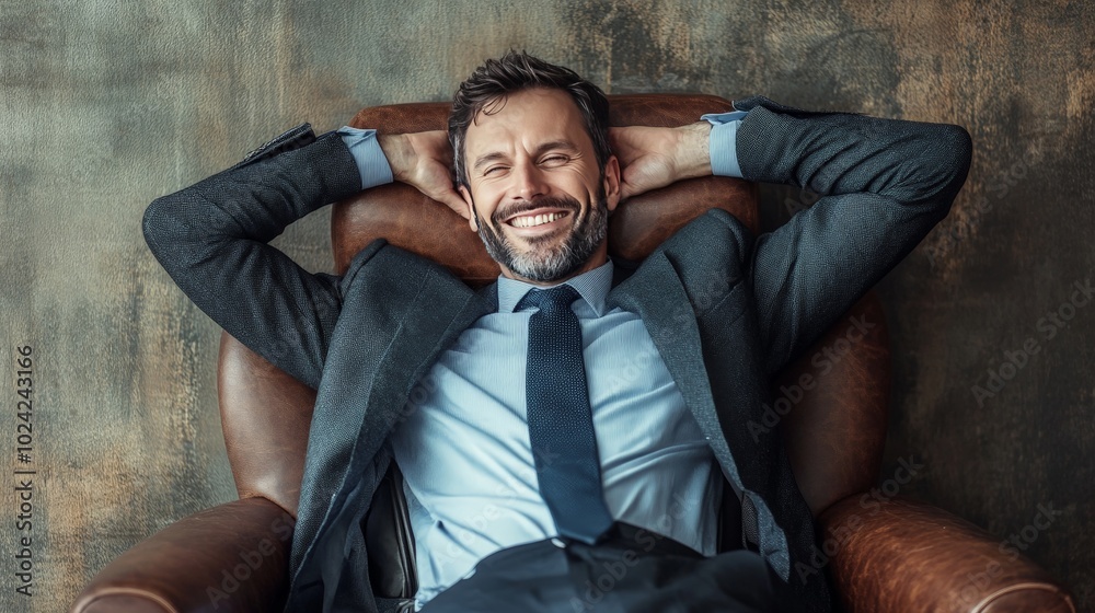 A businessman with a satisfied smile, leaning back in his chair with his hands behind his head. A businessman with a satisfied smile, leaning back in his chair with his hands behind his head.