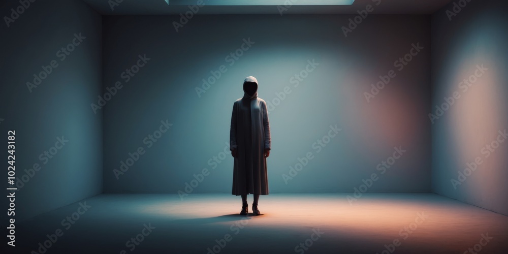 Obraz premium Mysterious figure stands alone in a dimly lit space.