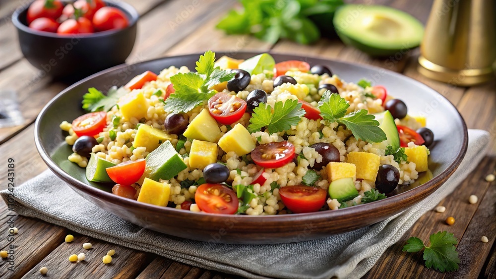 Vibrant quinoa salad with black beans, corn, avocado, and cilantro lime dressing on a reflective surface Vibrant quinoa salad with black beans, corn, avocado, and cilantro lime dressing on a reflective surface