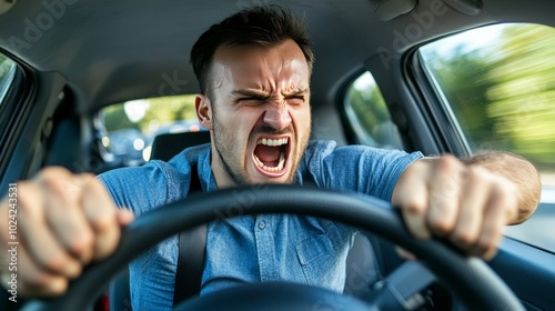 A car driver shouting in frustration, his face angry and hands tightly gripping the steering wheel, stuck in heavy traffic.