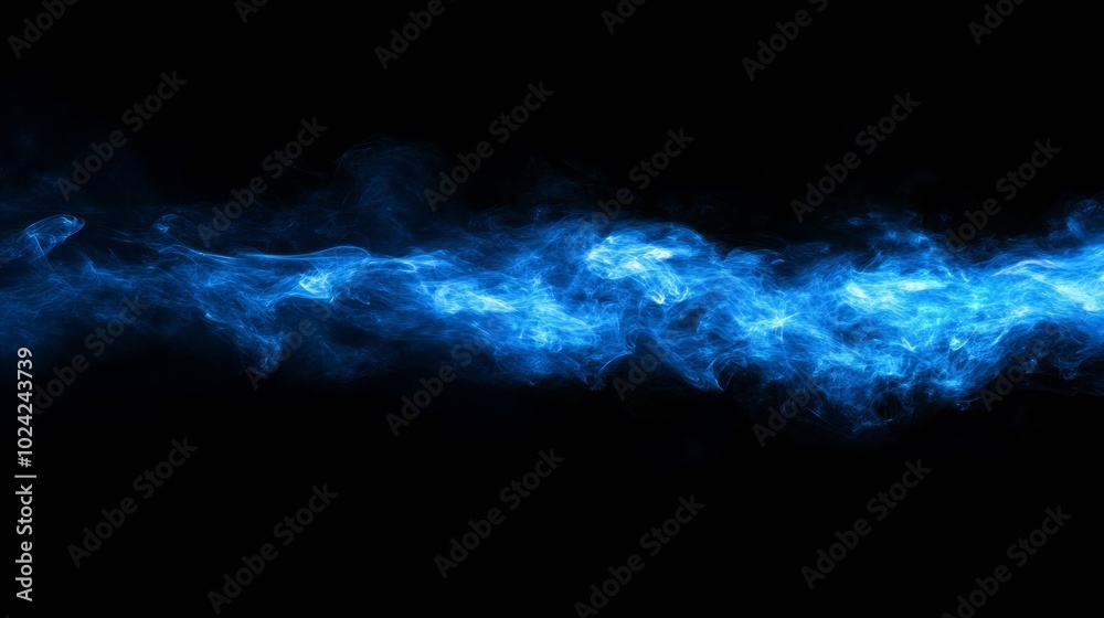 Abstract blue smoke on a black background, creating a horizontal, blurry line. Abstract blue smoke on a black background, creating a horizontal, blurry line.