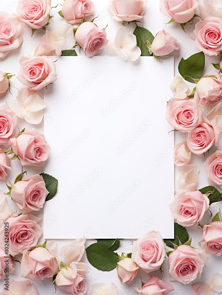Vertical top view blank card red and pink rose love and wedding decoration Valentines day background Vertical top view blank card red and pink rose love and wedding decoration Valentines day background