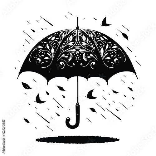 A monochrome drawing of an umbrella amidst a downpour, capturing the essence of a rainy day.