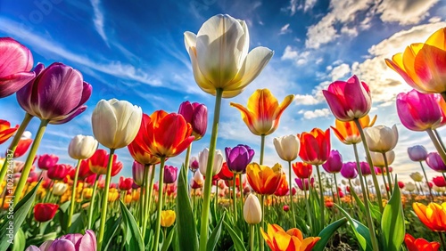 vibrant tulip flower field from a low angle perspective