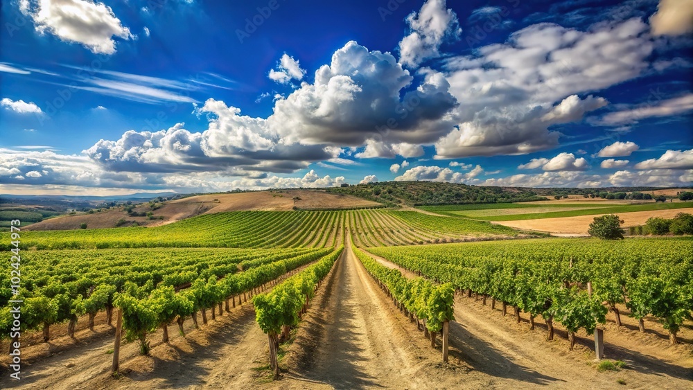 Vineyard field under blue sky and white clouds in Ribera del Duero, Castilla Fisheye Vineyard field under blue sky and white clouds in Ribera del Duero, Castilla Fisheye
