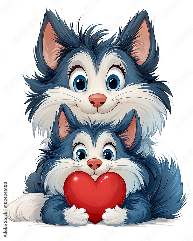 Obraz premium A cartoon cat holding a red heart. The cat is smiling and looking at the camera. The heart is placed in the middle of the cat's chest