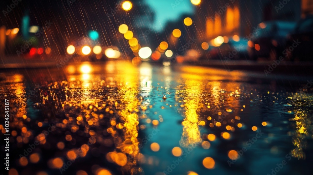 A city street at night during a rainstorm, illuminated by glowing streetlights with raindrops shimmering on the pavement.