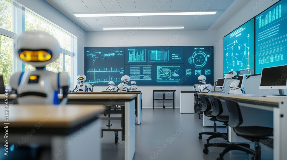 A classroom where students are learning about AI, with interactive displays and robotic models. A classroom where students are learning about AI, with interactive displays and robotic models.