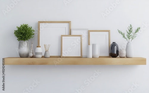 Top-down view of the floating shelf  displaying the arrangement of frames and vases from above. 