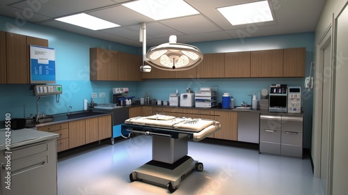 A clean and sterile surgical room in a clinic, with bright overhead lighting and medical instruments neatly arranged on a table.