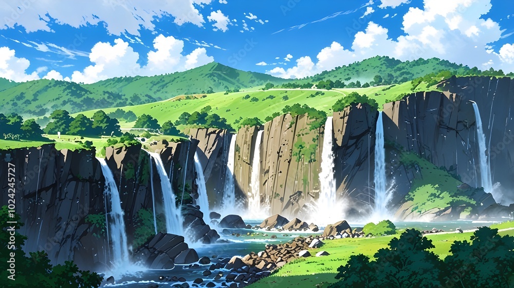 Naklejka premium Waterfall cartoon anime