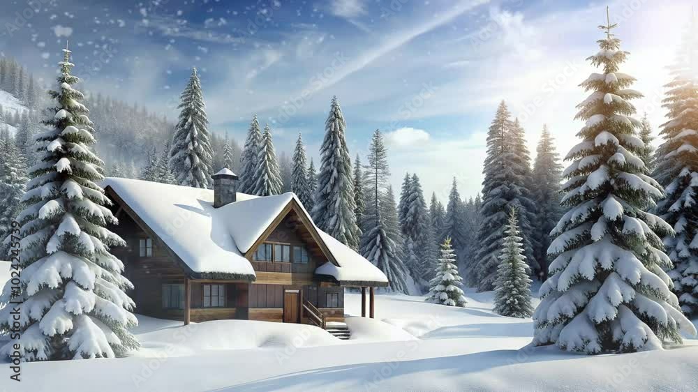 wooden house covered in snow and surrounded by big trees and there is snowfall wooden house covered in snow and surrounded by big trees and there is snowfall