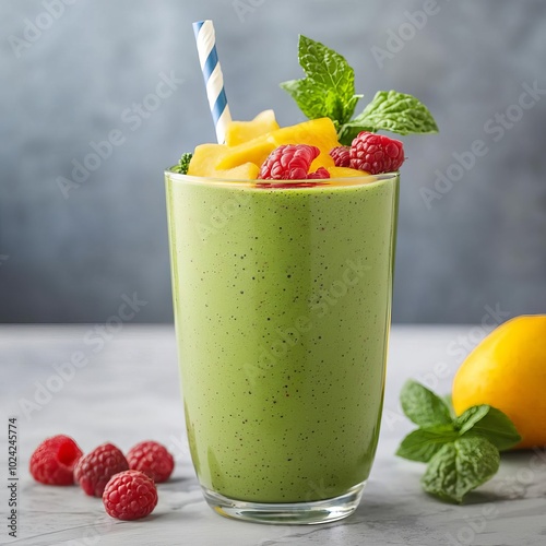 Smoothie with spirulina and fresh fruits on a marble countertop, minimalist health drink concept,  plantbased beverage, whole food nutrition