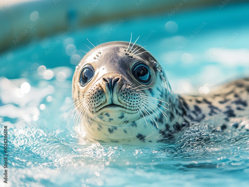 Fototapeta premium A close-up of a baby seal recovering in a rehabilitation pool, being monitored by wildlife rescuers.