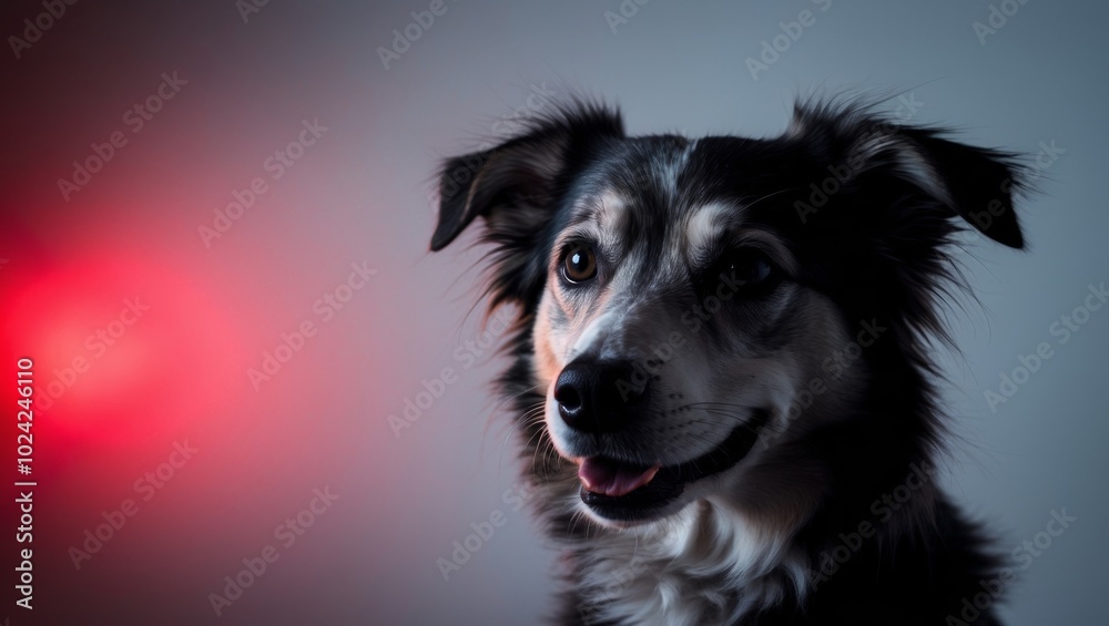 A tight shot of a dog's face illuminated by red and blue light from its left side. A tight shot of a dog's face illuminated by red and blue light from its left side.