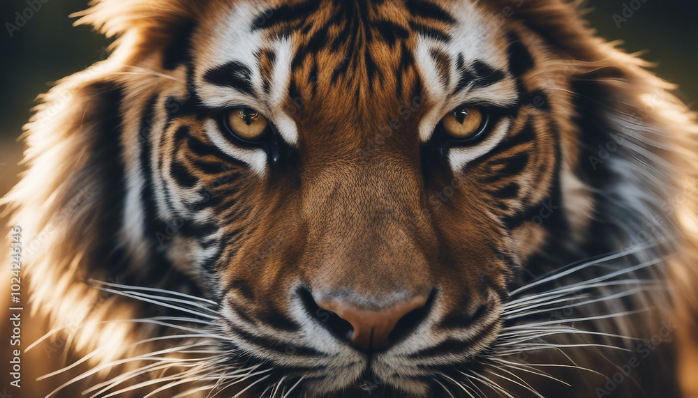 Fototapeta premium A close-up view of a tiger's face is captured under dramatic lighting, highlighting its fierce features.