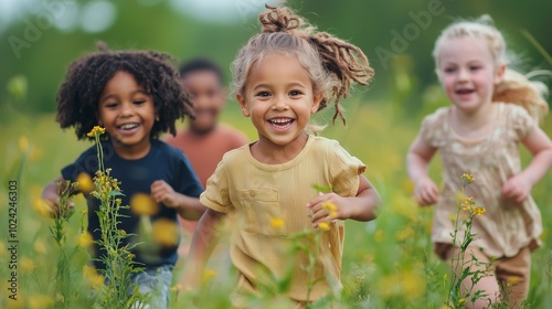 Happy children running through a flower field on a sunny day.