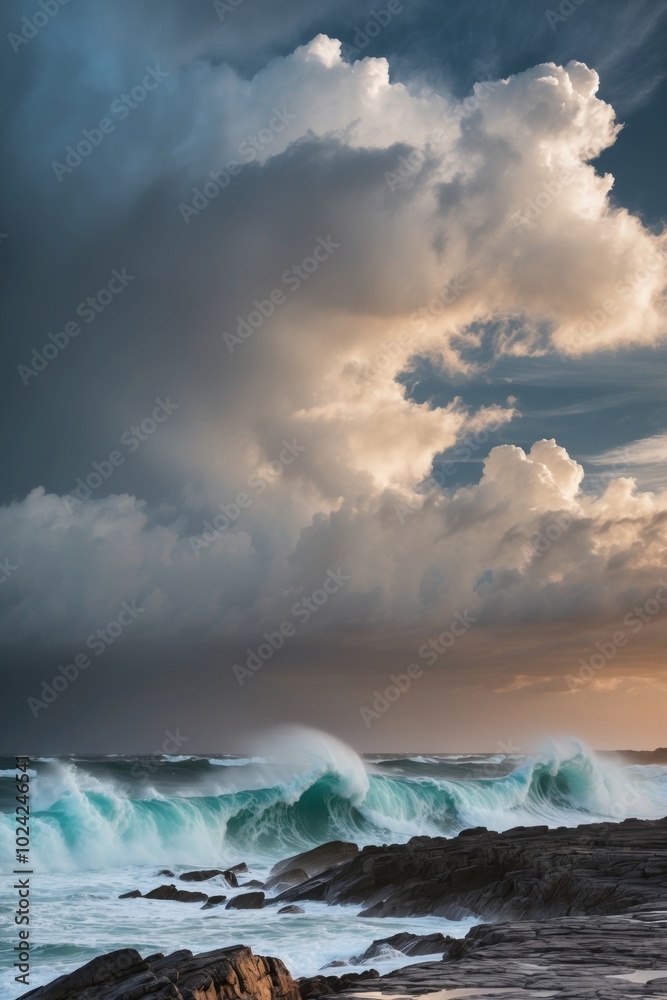 Naklejka premium Dramatic landscape with rocky shore and stormy sky.
