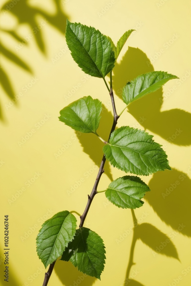 Green Leaves Branch on Yellow Background. Green Leaves Branch on Yellow Background.