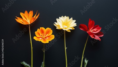 Four Colorful Flowers on Black Background.