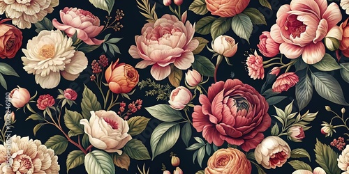 Vintage floral pattern with roses and peonies on a dark background