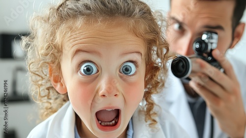 A close-up of a child making a goofy face while the doctor uses an otoscope to check their ears. photo