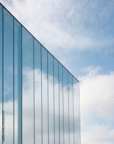 Modern Glass Facade of a Building Reflecting Clouds and Sky.