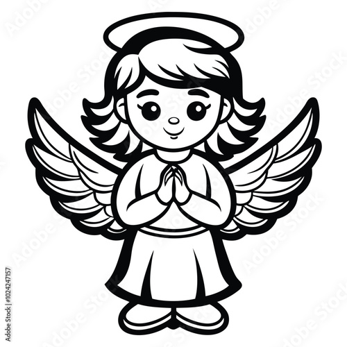  A cute little angel with wings, praying hands vector illustration, color drawing with a simple black and white line art icon