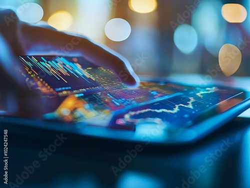 A close-up of a data analyst working on a tablet, visualizing real-time insights from customer data on a sleek dashboard. photo