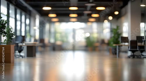 Blurred empty open space office. Abstract light bokeh at office interior background for design.