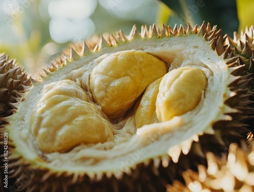 A close-up of a durian fruit, its spiky shell pried open to reveal the creamy, golden flesh inside. photo