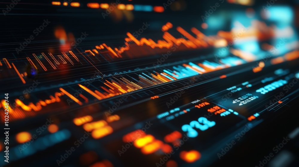 A close-up of a financial data dashboard tracking stock market trends, with live graphs and charts showing real-time changes. A close-up of a financial data dashboard tracking stock market trends, with live graphs and charts showing real-time changes.