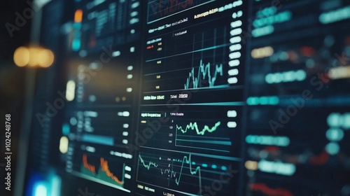 A close-up of a financial data dashboard tracking stock market trends, with live graphs and charts showing real-time changes.