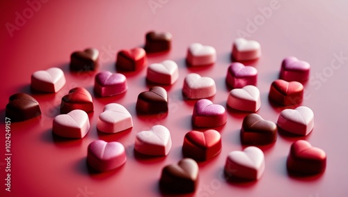 Valentine's Day Chocolate Hearts on Red Background. photo