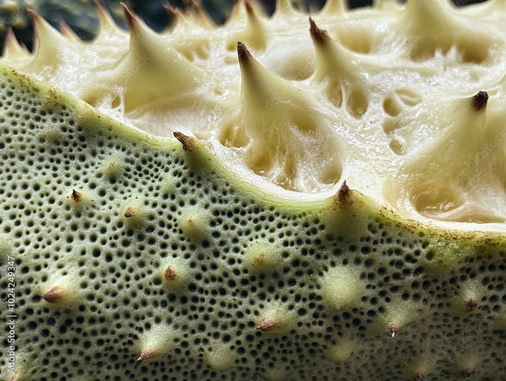 A close-up of a fresh soursop, with its dark green, spiked skin contrasting with the creamy white flesh inside. A close-up of a fresh soursop, with its dark green, spiked skin contrasting with the creamy white flesh inside.