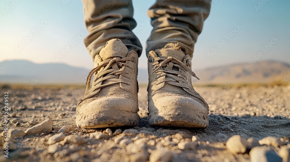 Close-up of worn, dusty hiking boots standing on a rocky trail in a dry, desert-like landscape, emphasizing adventure and outdoor exploration. Close-up of worn, dusty hiking boots standing on a rocky trail in a dry, desert-like landscape, emphasizing adventure and outdoor exploration.
