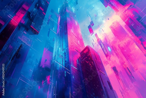 Abstract color scene showcasing a futuristic skyscraper, set against dynamic neon lights and geometric forms.