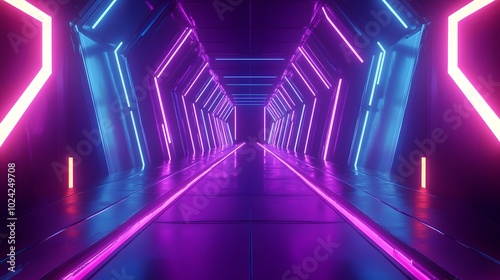 A futuristic tunnel illuminated with vibrant blue and pink neon lights.