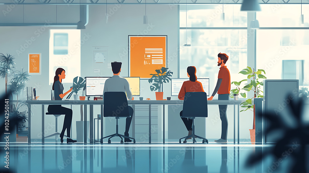 Fototapeta premium A group of people are sitting at a desk with a poster on the wall that says 