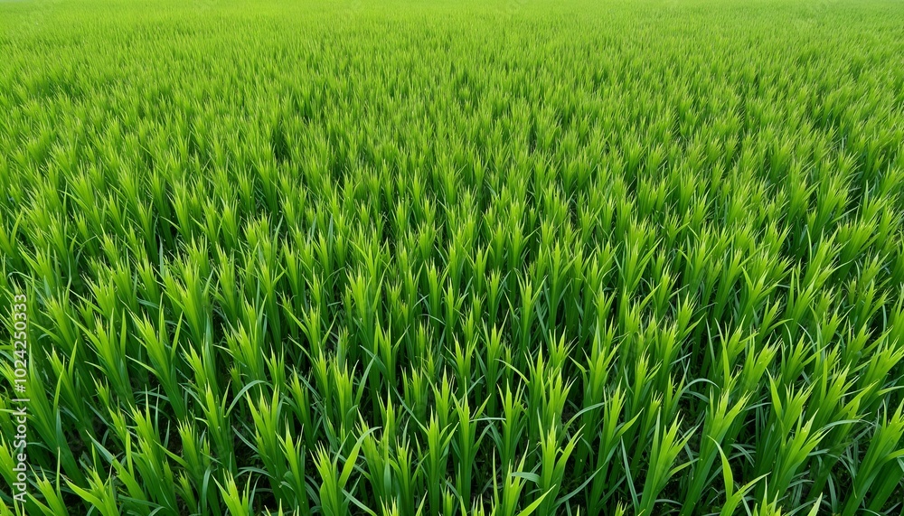 Lush green rice field under bright sunlight representing growth and abundance Lush green rice field under bright sunlight representing growth and abundance