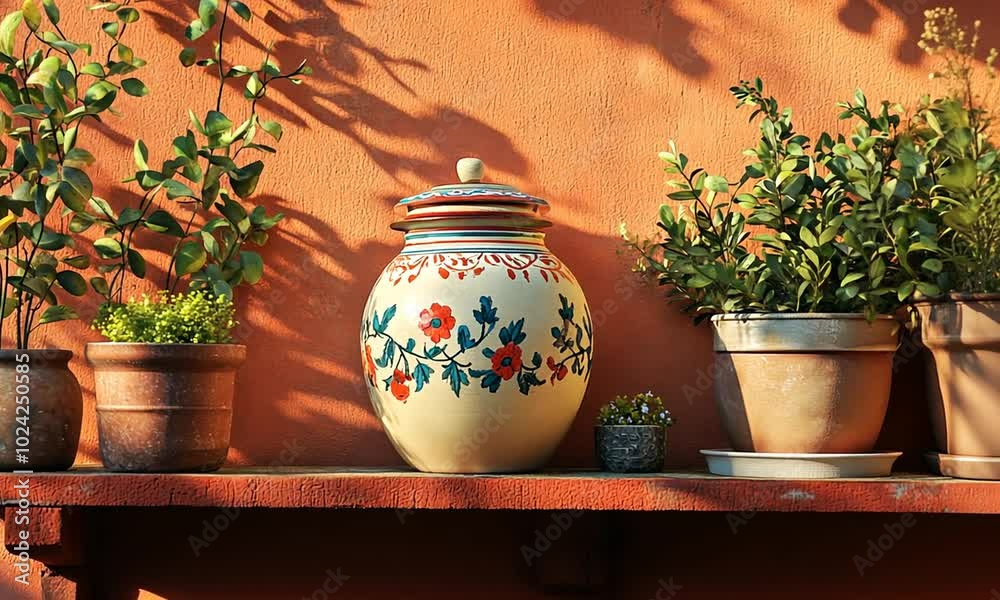 Ceramic Jar with Floral Design on a Shelf