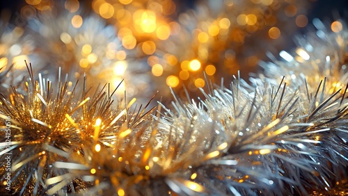 Glittering golden and silver tinsel with sparkling bokeh lights creating a festive atmosphere