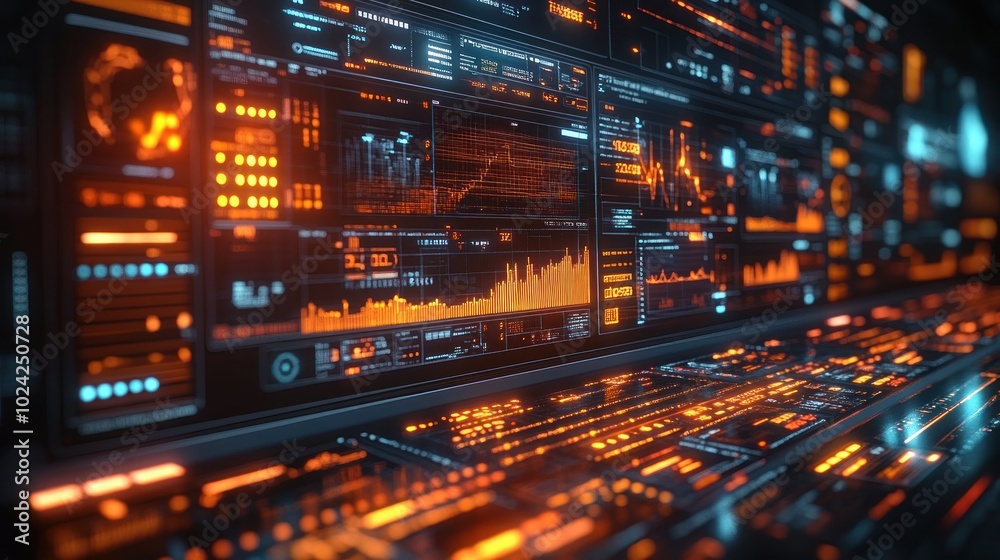 Futuristic interface with glowing orange and blue digital data. Futuristic interface with glowing orange and blue digital data.