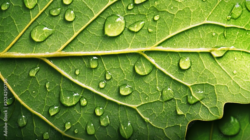 Fototapeta premium A close-up of a leaf with rain droplets glistening, each droplet magnifying the veins of the leaf.
