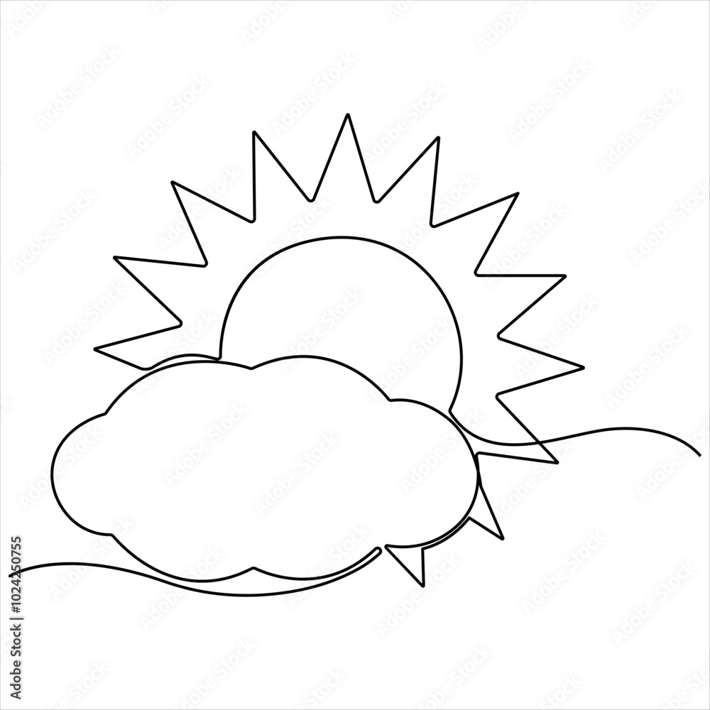 Continuous single line drawing of cloud with sun in the sky weather symbol and storage concept vector illustration Continuous single line drawing of cloud with sun in the sky weather symbol and storage concept vector illustration