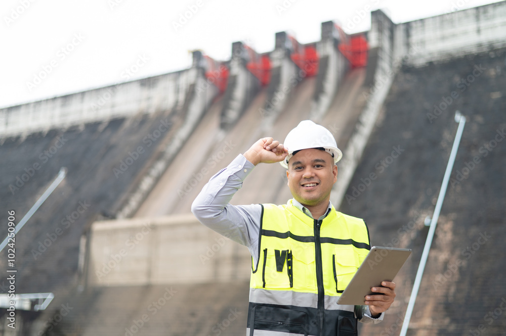 Smiling young Asian civil engineer standing with his arms crossed wearing a helmet and using a walkie-talkie. View and inspect the operation of the dam's sluice gates using the Quality Monitor tablet. Smiling young Asian civil engineer standing with his arms crossed wearing a helmet and using a walkie-talkie. View and inspect the operation of the dam's sluice gates using the Quality Monitor tablet.
