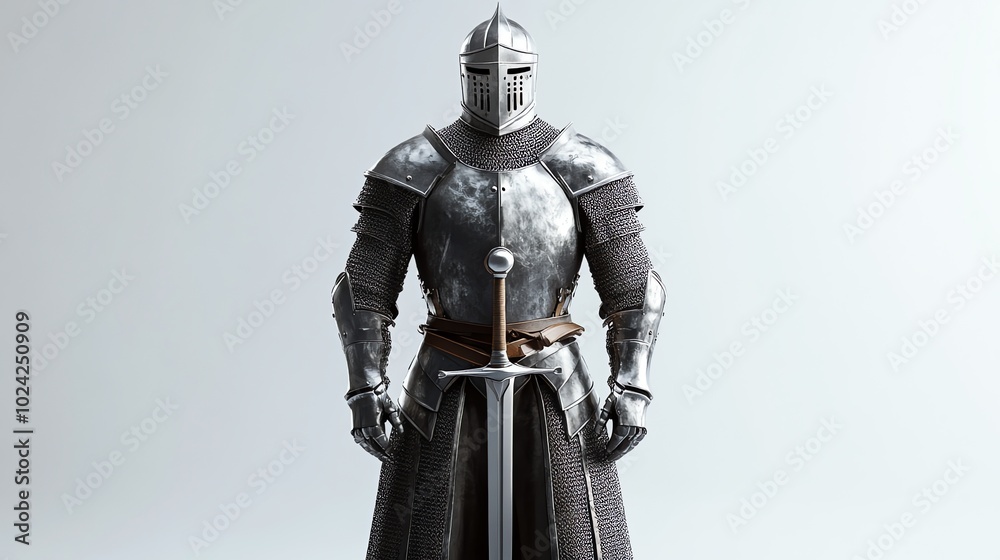 Fototapeta premium A knight in full armor stands with his sword drawn.